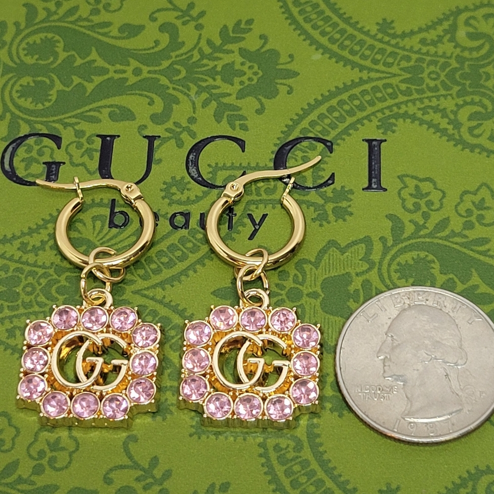 Pink Crystal Gold Plated GG Zip Pull Earings